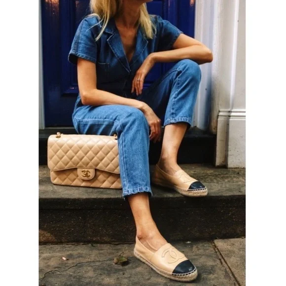 💚CHANEL Espadrille Flats Cap Toe Tan Black - Picture 2 of 16